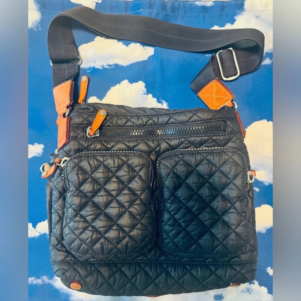 MZ Wallace Black Quilted Nylon Crossbody Bag with Brown Leather Accents